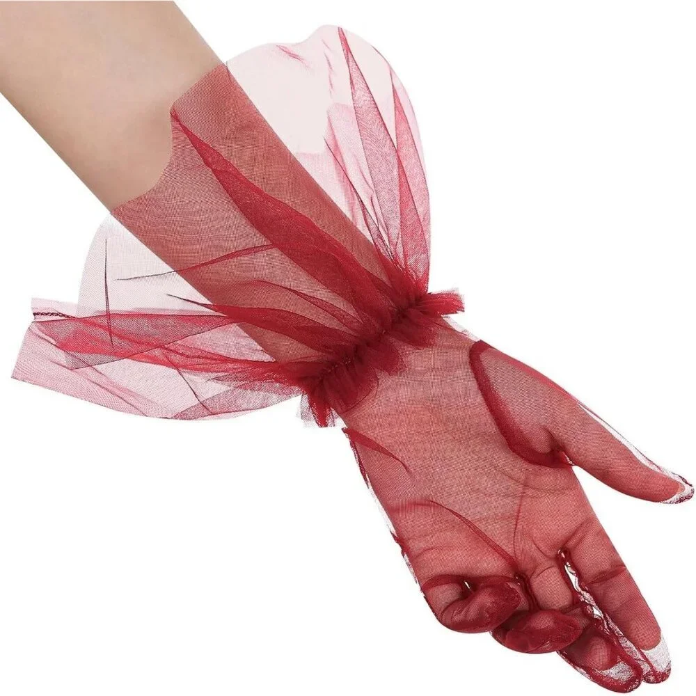 Women's Puffy Ruffle Burgundy Tulle Sheer Mesh Party Prom One Size Short Gloves